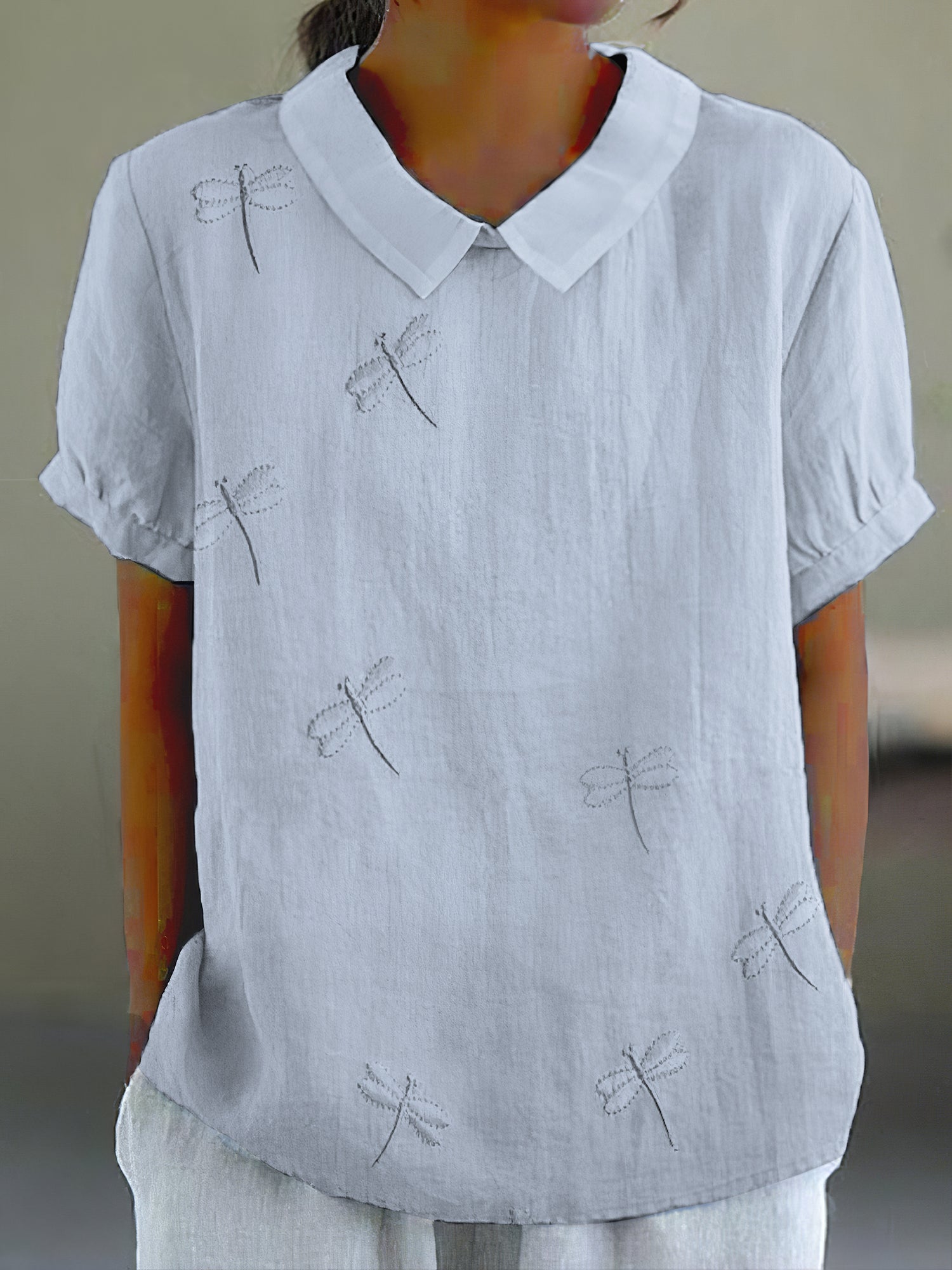 Comstylish Women's Vintage Dragonfly Embroidery Art Casual Lapel Shirt