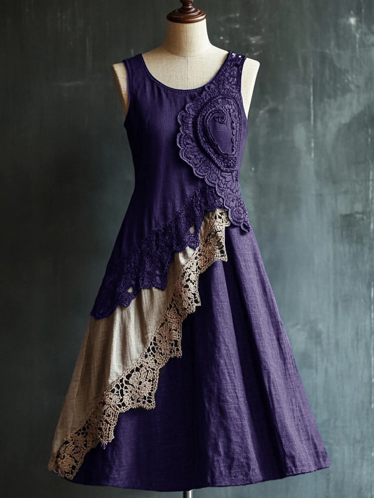 Retro Elegant Lace Patchwork Linen Tank Dress artswardrobe