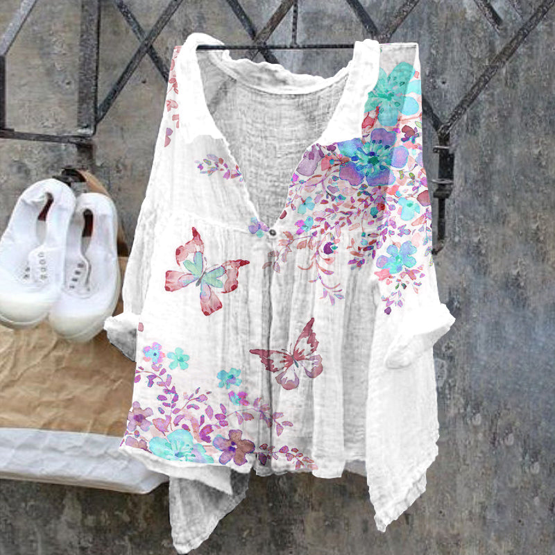 Comstylish Butterfly Retro Cotton Linen Casual Floral Print Cotton Linen  Shirt