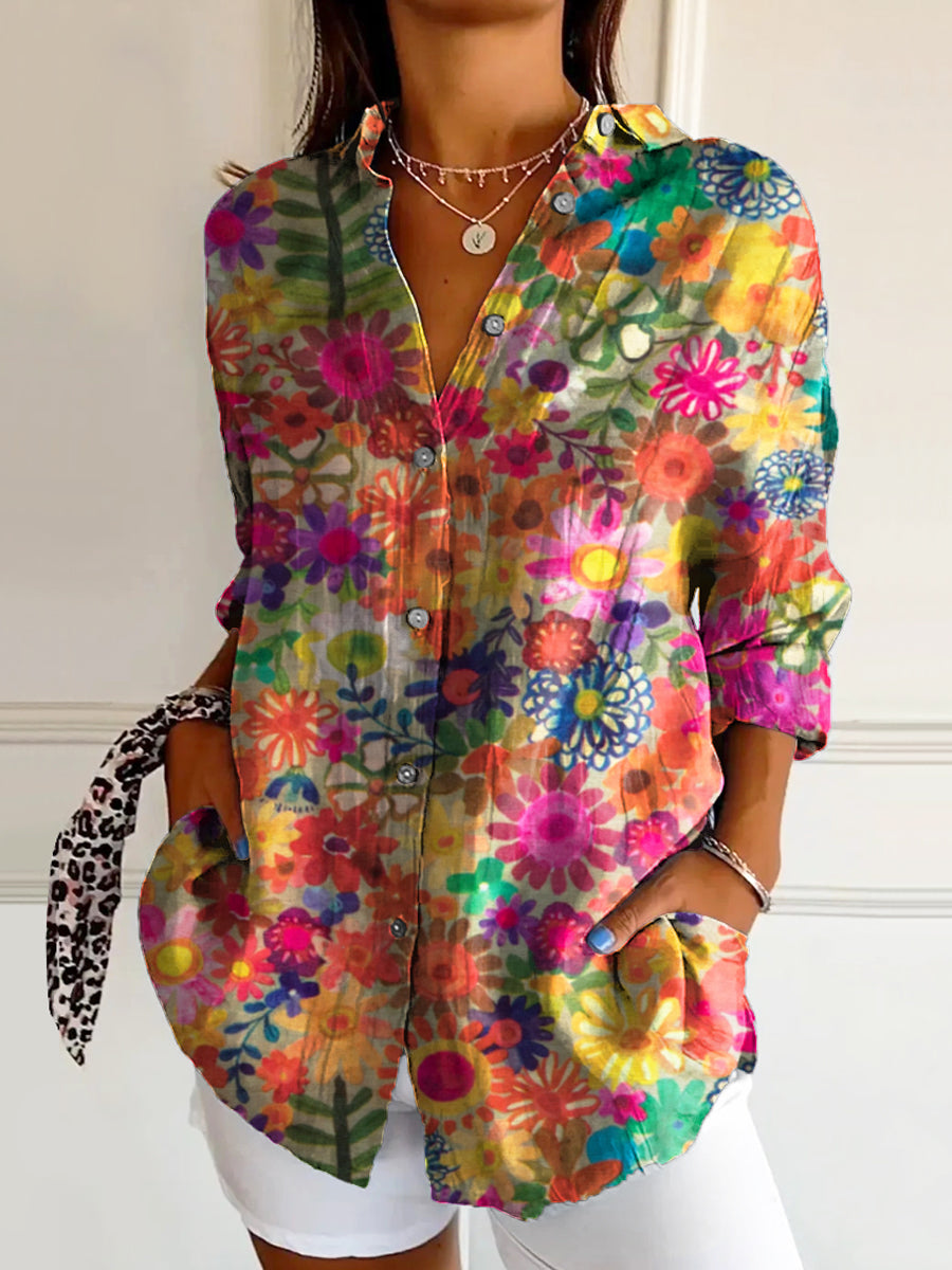 Women's Painting Floral Art Print Casual Cotton Shirt