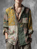 Western Style Bohemian Plant Flower Pattern Color Block Patchwork Retro Cotton And Linen Men's Shirt artswardrobe