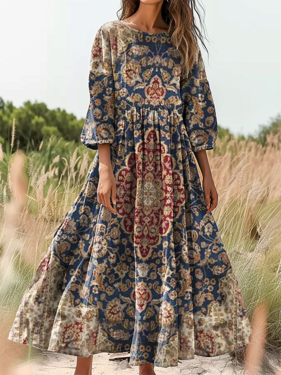 Women's Retro Ethnic Totem Print Flowy Cotton Crew Neck Dress