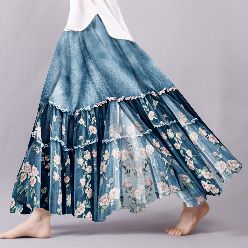 Vintage Floral Gradient Patchwork Art Flowy Wide Skirt artswardrobe