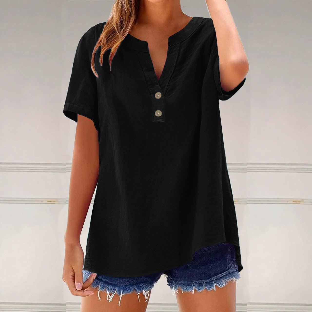 Comstylish Solid Color Linen Blended V-neck Loose Blouse