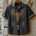 Egyptian Stone Winged Scarab Embroidered Men's Linen Polo Shirt artswardrobe