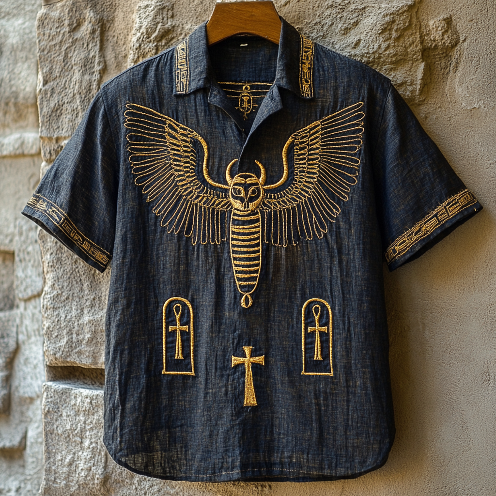 Egyptian Stone Winged Scarab Embroidered Men's Linen Polo Shirt artswardrobe