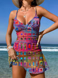 V-Neck Colorful Sparkling Diamond Art Print Suspender Skirt Tankini Pantskirt Set Swimsuit