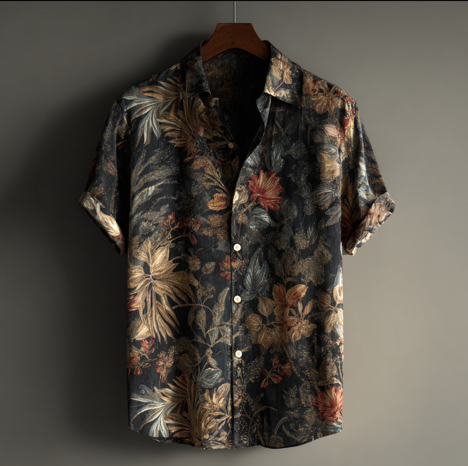 Bohemian Style Plant And Flower Pattern Men's Retro Cotton And Linen Shirt artswardrobe
