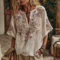 Women's Floral Embroidery Art V Neck Comfy Shirt