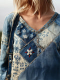 Comstylish Vintage Floral Japanese Sashiko Embroidered Patchwork Linen Tunic