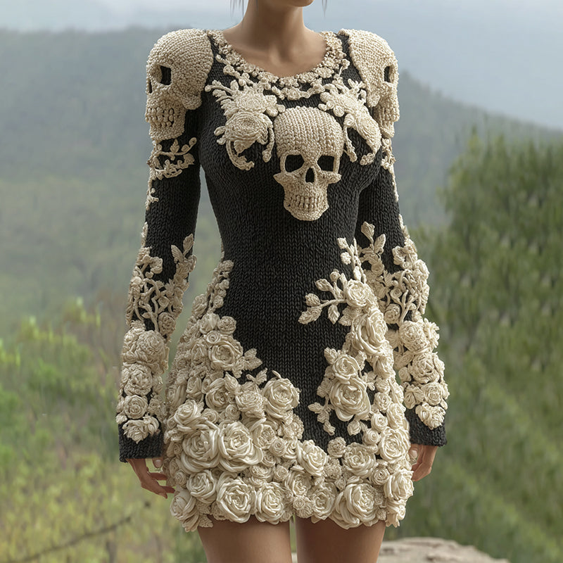 Comstylish Women's Hot Sexy Style Halloween Skeleton Bones Leather With Rose Pattern Art Cozy Knit Mini Sweater Dress