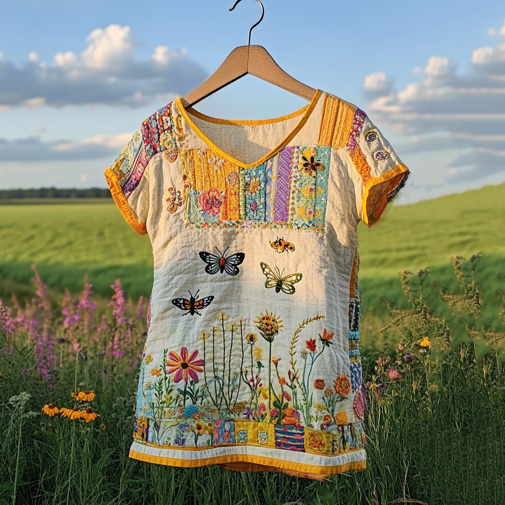 Women's Vintage Butterfly Bee Floral Print V-neck T-shirt artswardrobe