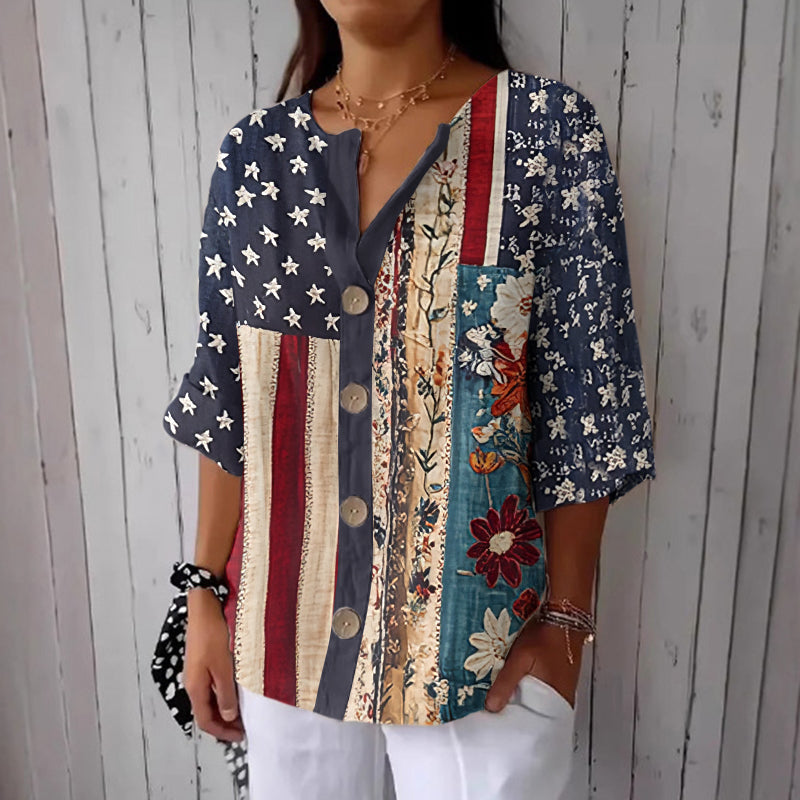 Women's Independence Day American Flag & Floral  Patchwork Line Print Button Linen Blend Shirt artswardrobe
