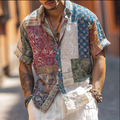 Western Style Bohemian Plant Flower Pattern Color Block Patchwork Retro Cotton And Linen Men's Shirt artswardrobe
