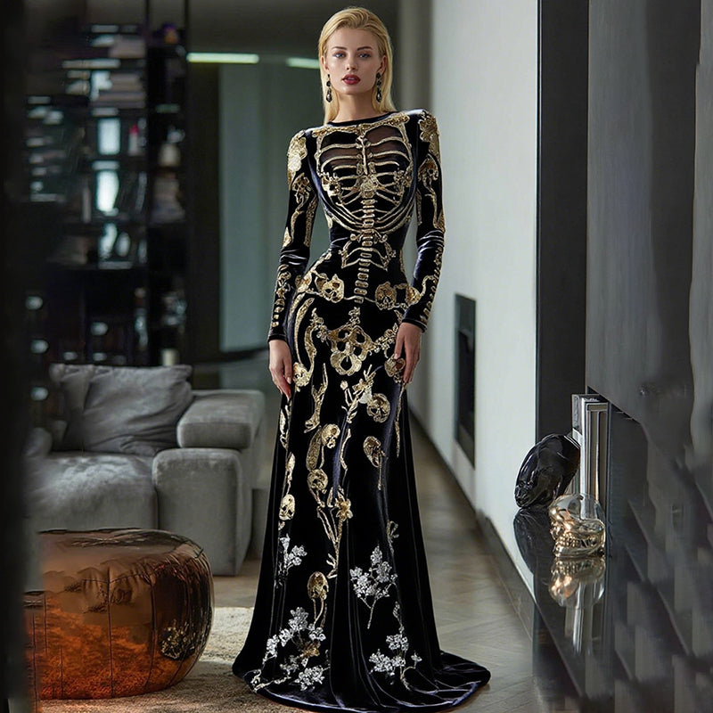 Comstylish Women's Vintage Skeleton Bones In Gold Art Velvet Maxi Dress