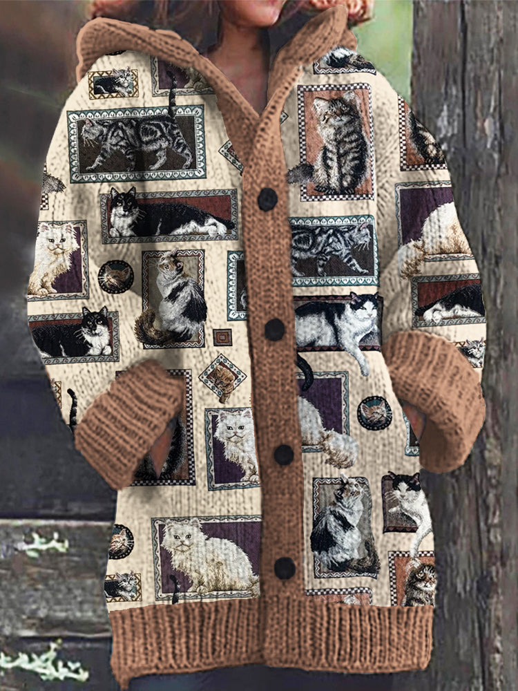 Cats In Picture Frames Women's Hooded Sweater Cardigan elevenforest