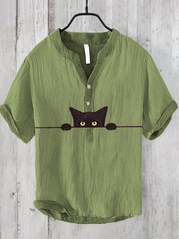 Japanese Art Black Cat Print Cotton Blend Shirt elevenforest