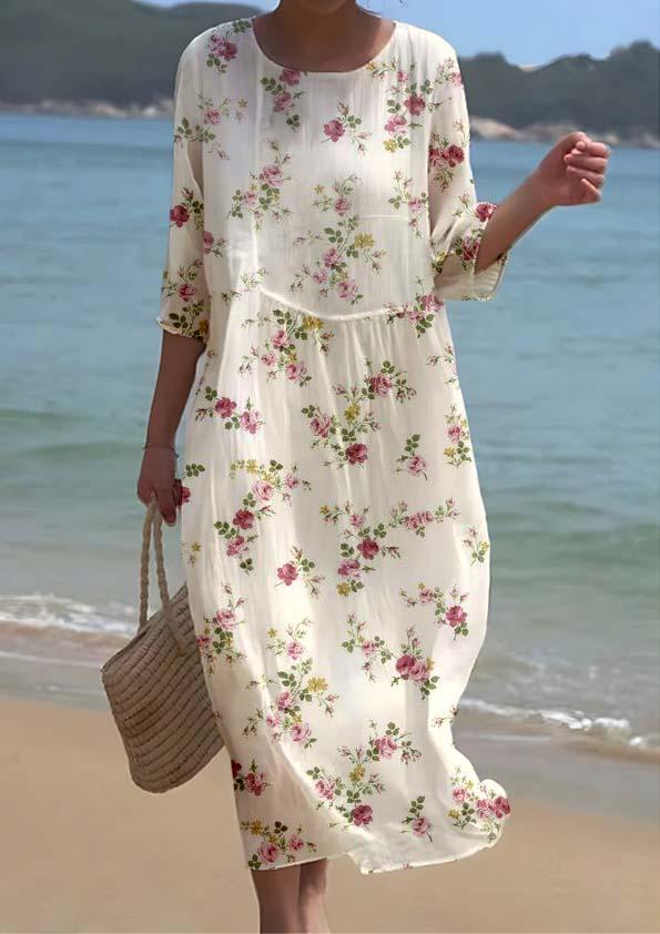 Women's Elegant Rose Floral Print Crew Neck Dress