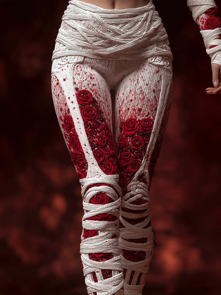 Comstylish Vintage Skeleton Anatomy Bloody Roses Bandages Knit Leggings
