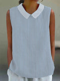 Women's Casual Lapel Striped Sleeveless Cotton and Linen Top 