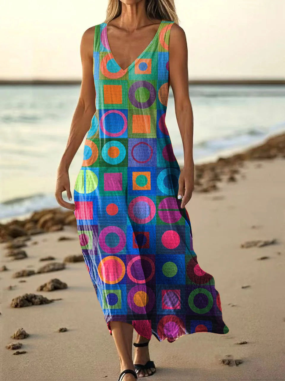 Women's Retro Abstraction Art Print Pocket Cotton Dress
