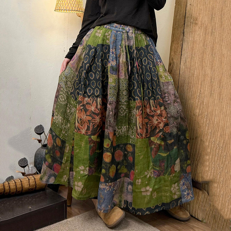 Women's Vintage Floral Patchwork Art Pattern Cotton Skirt artswardrobe