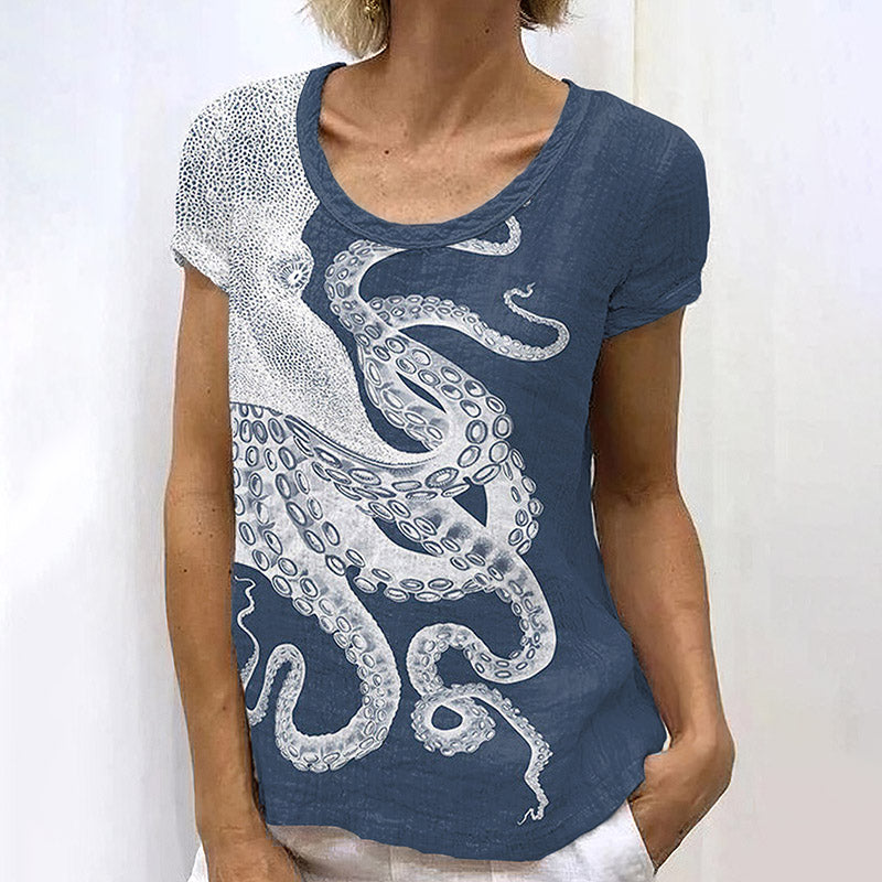 Comstylish Japanese Art Octopus Print Short Sleeve T-Shirt