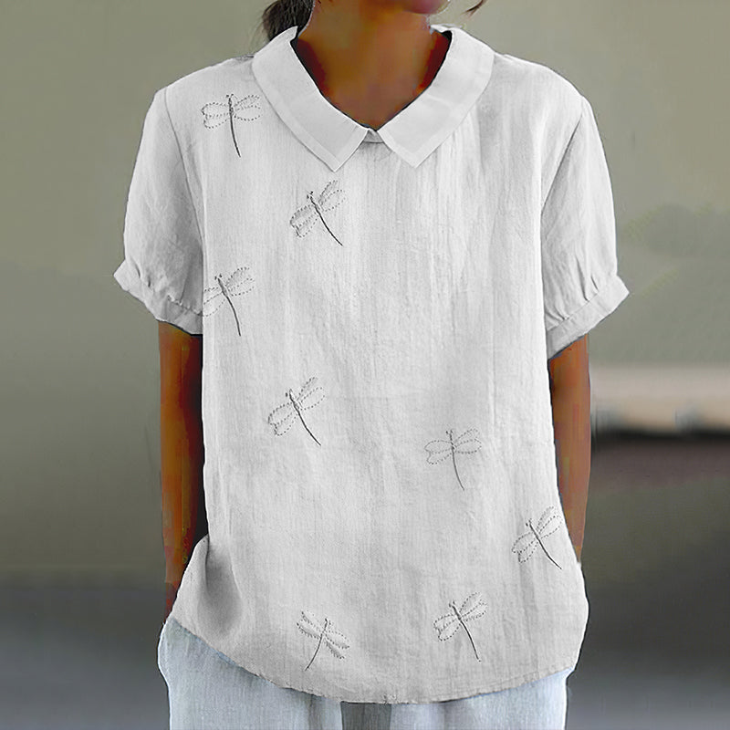Comstylish Women's Vintage Dragonfly Embroidery Art Casual Lapel Shirt