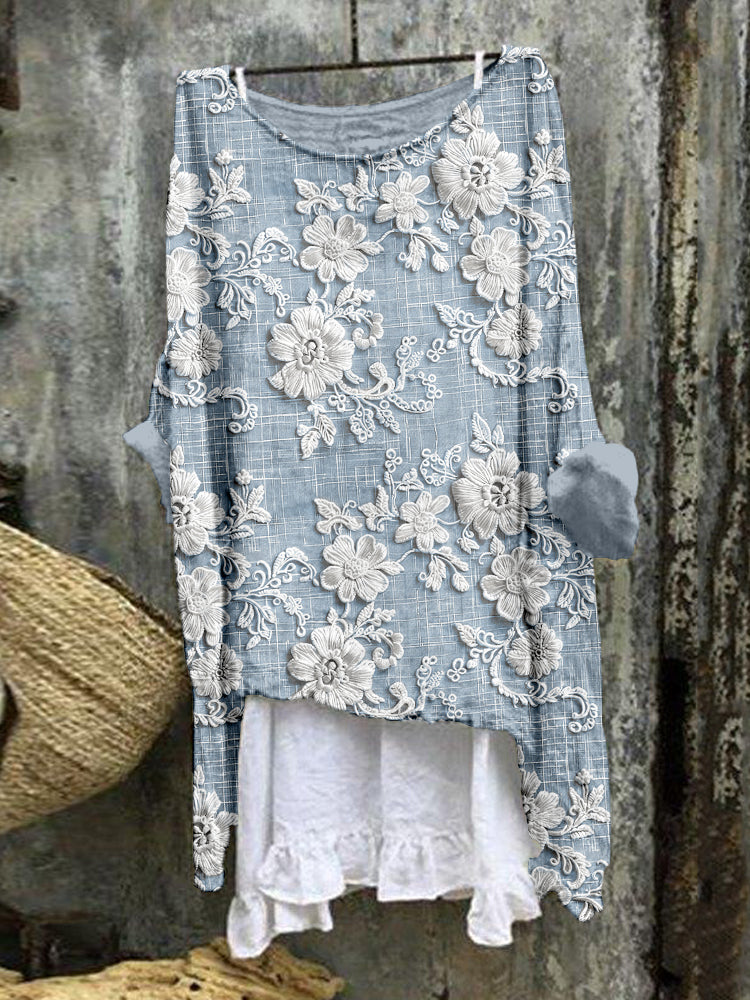 Comstylish Vintage Floral Lace Embroidered Linen Blend Flowy Tunic