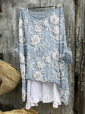 Comstylish Vintage Floral Lace Embroidered Linen Blend Flowy Tunic