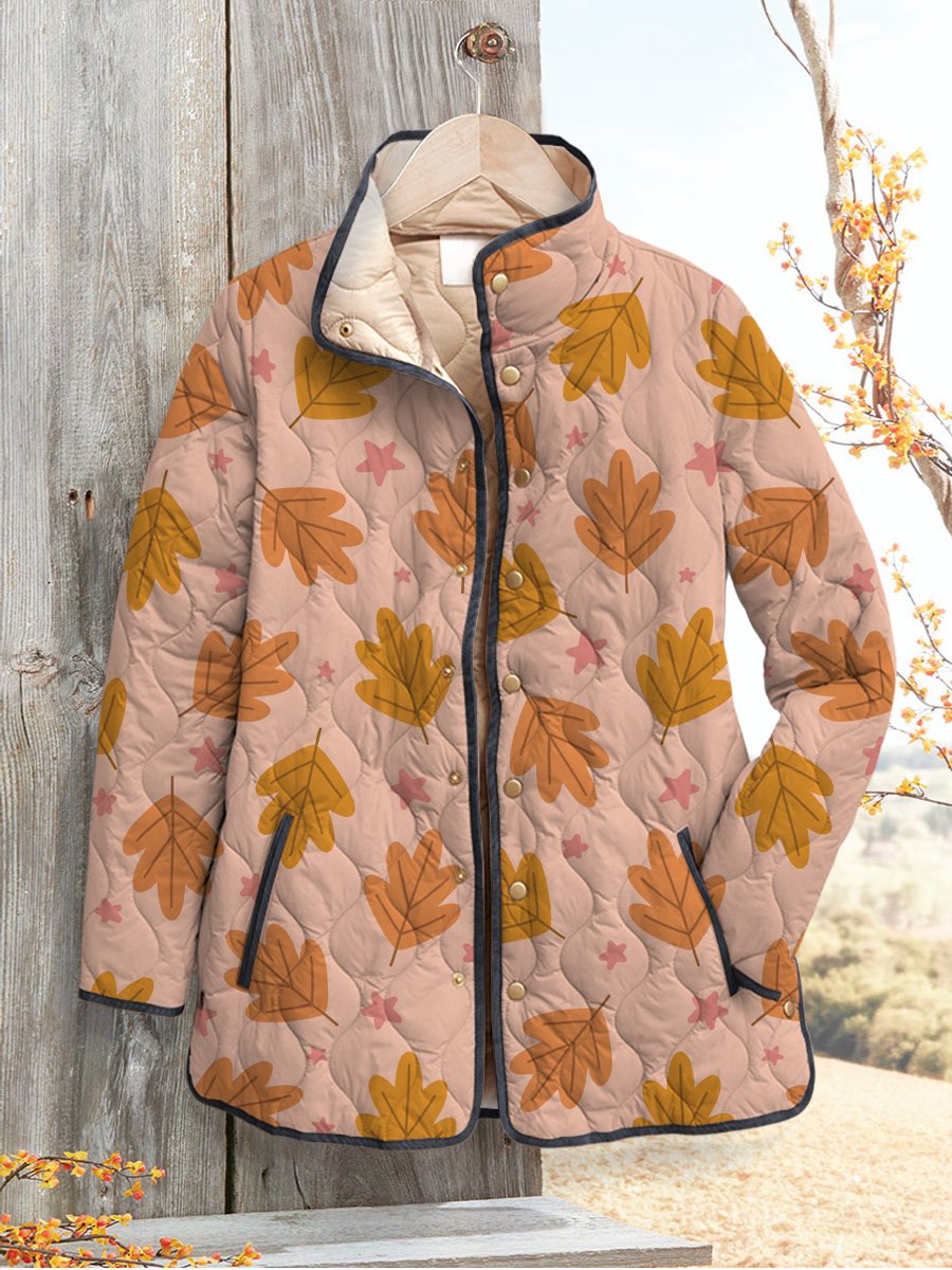 Cartoon Maple Leave Repeat Pattern Printed Women's Casual Quilted Cardigan