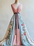 Floral Embroidered Trans Inspired Colorblock Linen Maxi Dress artswardrobe