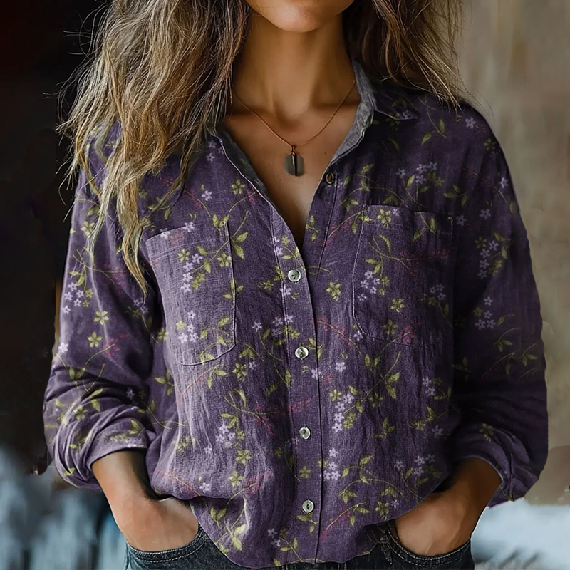 Bohemian Style Floral Linen Print  Long Sleeve Shirt artswardrobe