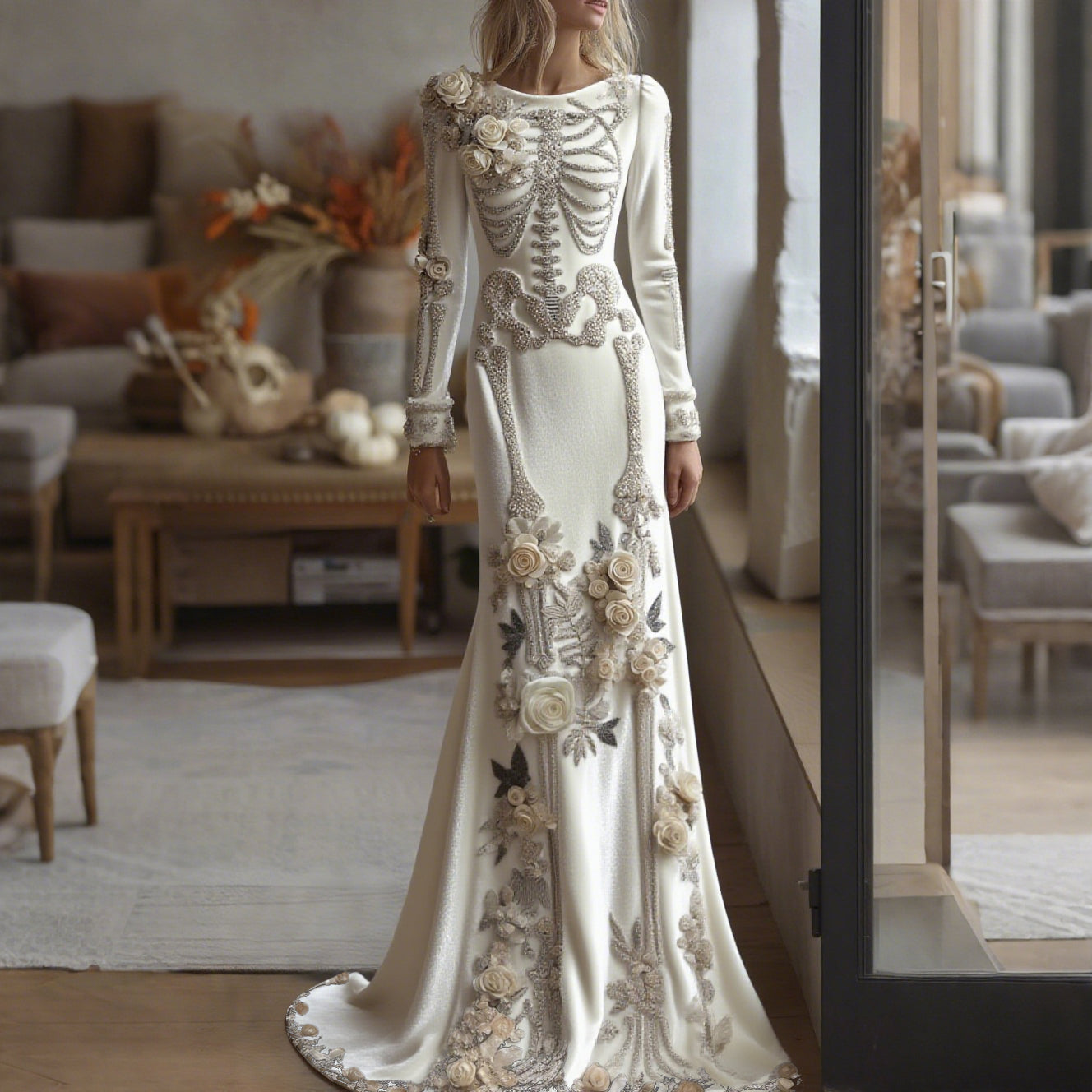 Comstylish Women's Halloween Dark Gothic Rose Skeleton Velvet Round Neck Maxi Dress
