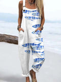 Women's Sardines Ink Art Print Casual 100% Cotton Wide Leg Jumpsuit