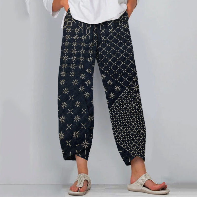 Comstylish Japanese Traditional Sashiko In Floral Patchwork Art Pattern Art Cropped Casual Pants
