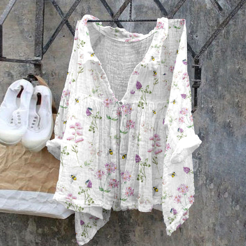 Comstylish Ladies Floral Bee Pattern Casual Cotton Linen Shirt
