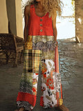 Vintage Square Patchwork Polka Dot Art Women's Linen Wide Leg Jumpsuit artswardrobe