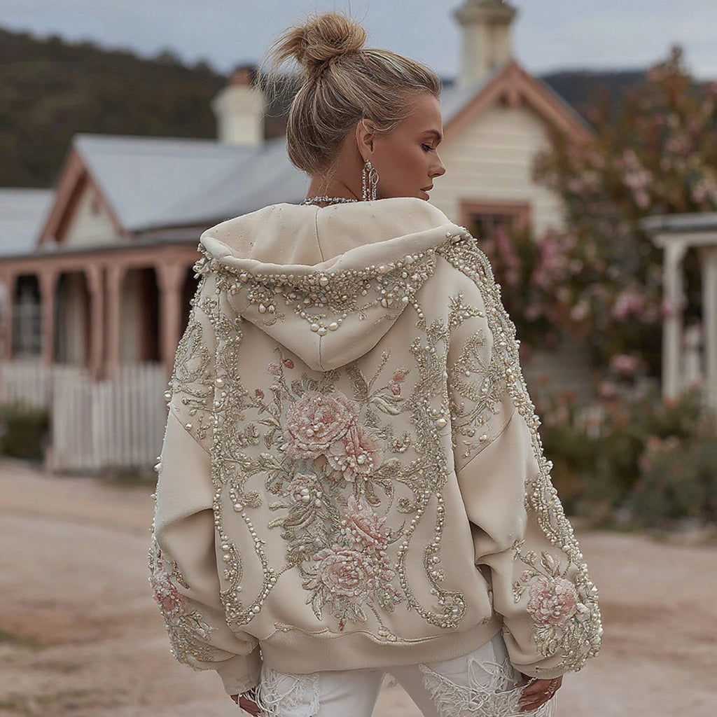 Comstylish Women's Retro Bohemian Floral Embroidery Casual Hooded Sweatshirt