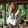 Women's Floral And Bird Art Print Cotton And Linen Shirt artswardrobe
