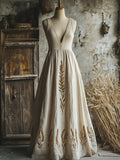 Lammas Wheat Embroidered V Neck Linen Maxi Dress artswardrobe