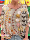 Vintage Embroidered Floral Totem Art Print Casual Long Sleeve T-shirt