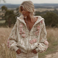 Women's Vintage Pink Floral Embroidery Art Casual Zip Pu Hoodie