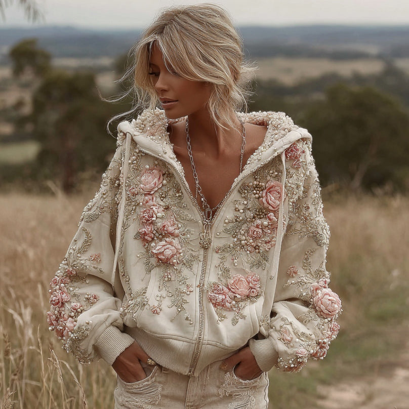 Women's Vintage Pink Floral Embroidery Art Casual Zip Pu Hoodie