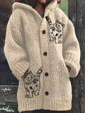 Comstylish Women's Retro Funny Animal Cat Print Cozy Knitted Hoodie Jacket