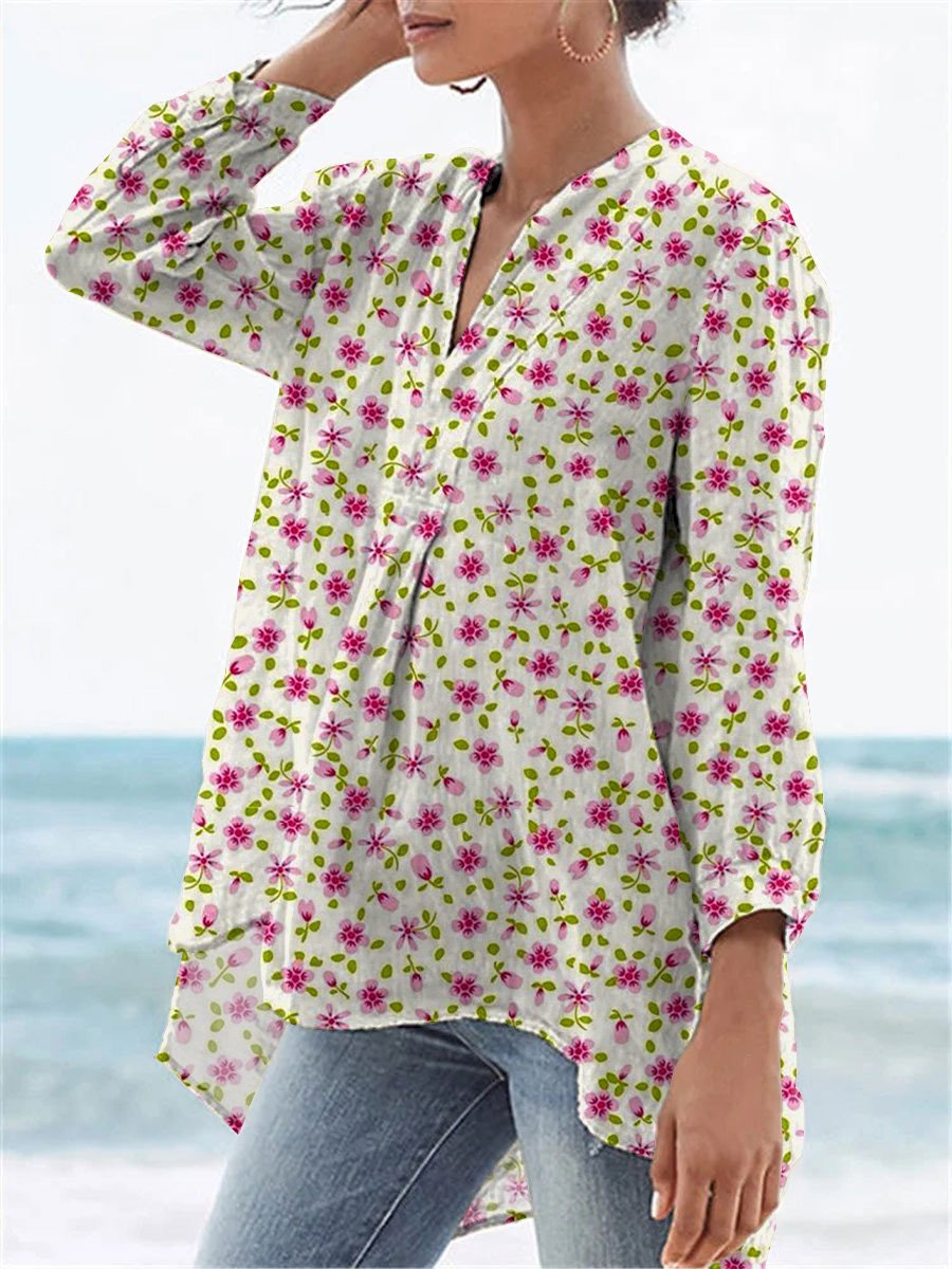 Small Pink Summer Floral Pattern Printed Women's Casual Linen V-Neck Shirt