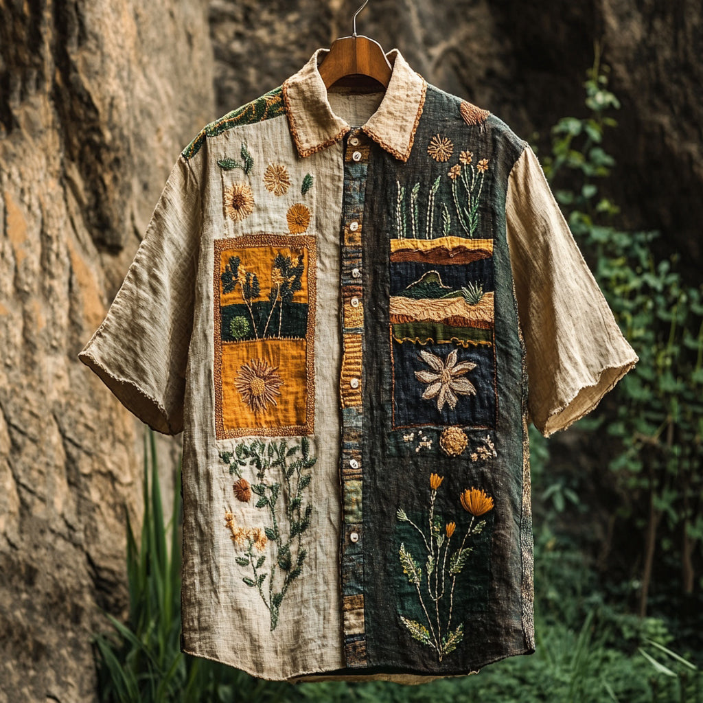 Men's Retro Stitching Contrast Floral Linen Shirt artswardrobe
