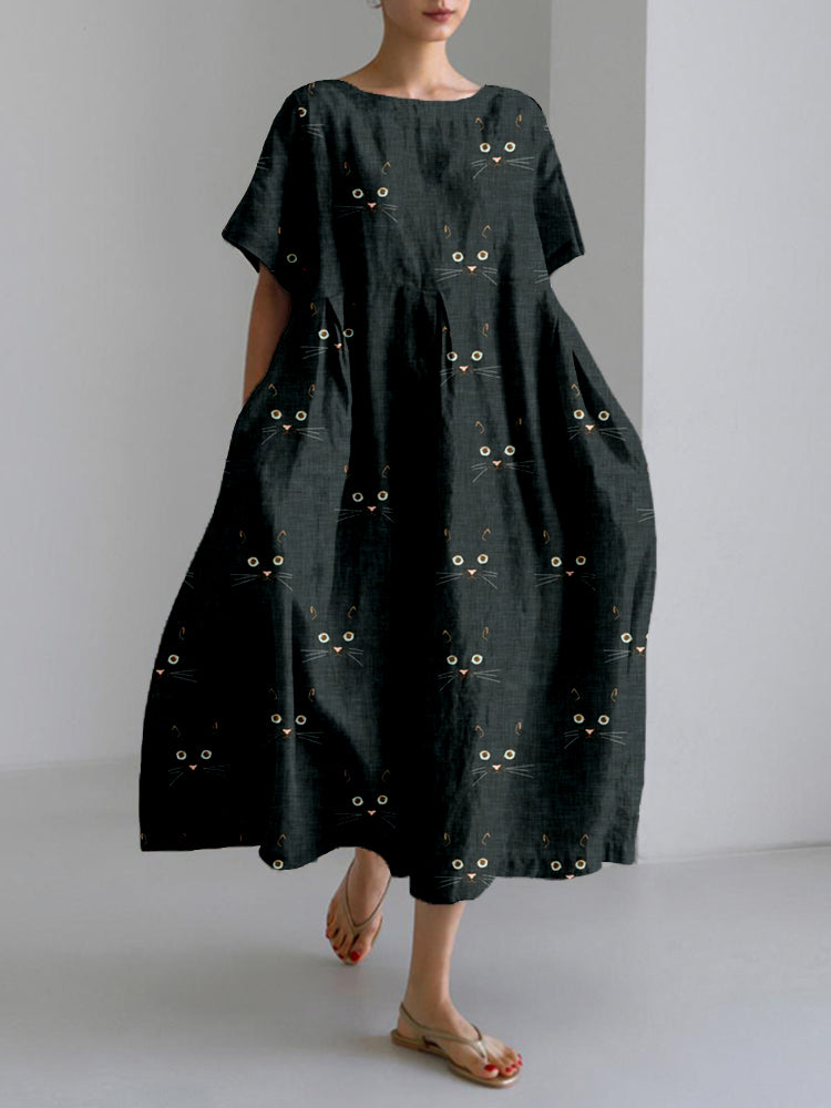 Cute Cat Face Pattern Linen Blend Cozy Maxi Dress elevenforest