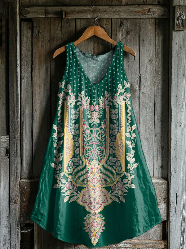 Women's Floral Embellished Pattern Art Print V-Neck Pocket Cotton Dres