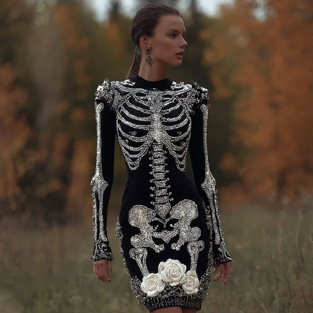 Comstylish Women's Halloween Human Skeleton Skeleton Rose Gothic Round Neck Knitted Dress